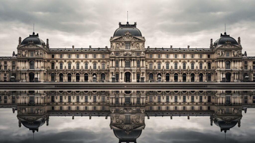 A photo of a grand building from a distance, showcasing its symmetrical lines, scale, and grandeur