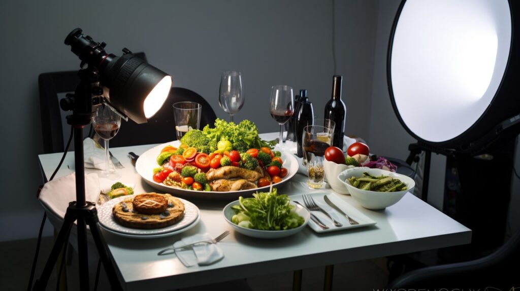 Photo studio Lighting, Camera on a tripod infront of the camera there is food on a plate on a white table background
