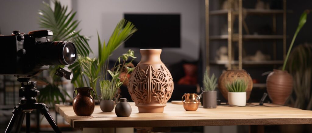 professional camera setup focusing on a handcrafted vase, light diffusers in play, neutral backdrop, showing behind-the-scenes of product photography